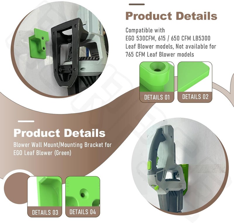 BERPSE Blower Wall Mount/Mounting Bracket for EGO 530CFM 615/650CFM Leaf Blower, Suitable for Two Different Types of Blowers, Does Not Fit 765 CFM Vane Blower Models, W/Screws, Green - Image 4